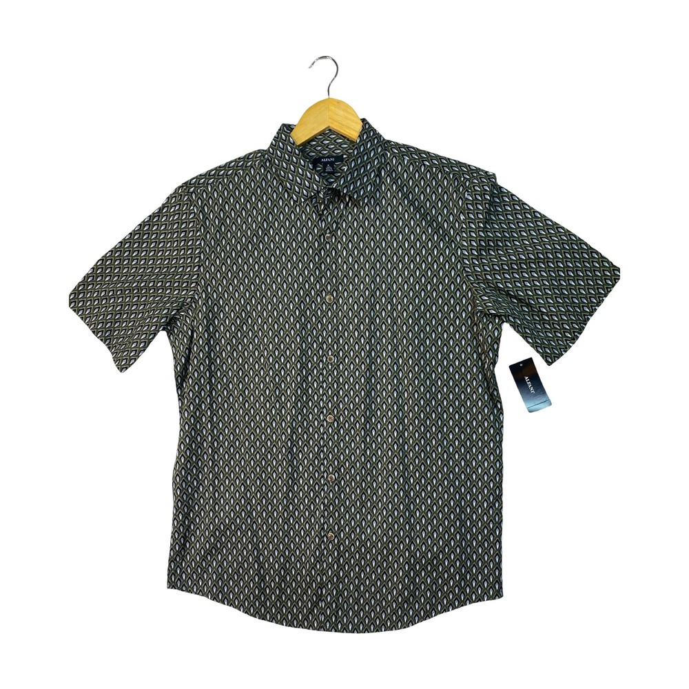 Alfani Mens 100% Cotton Short Sleeve Button Down Shirt Green Diamond Medium NWT